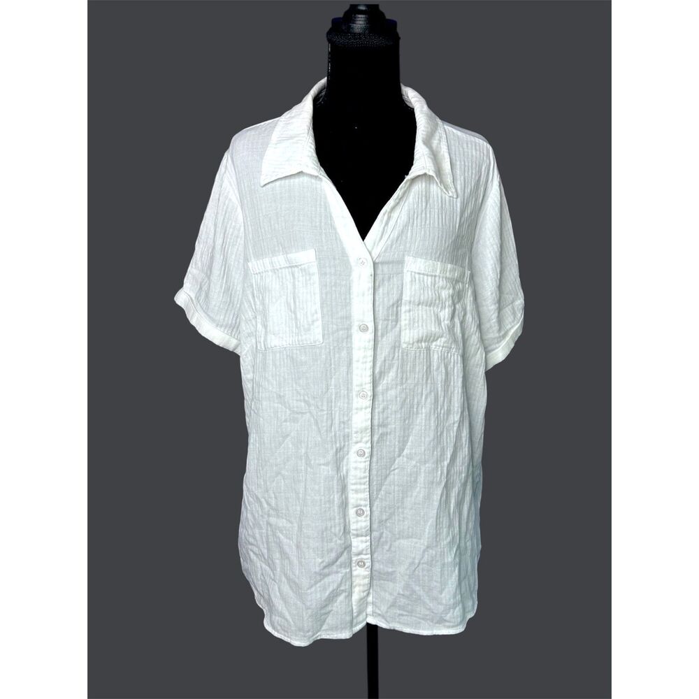 Womens White Gauzy Cotton Top 1X Coastal Capsule Neutral Beach Euro Summer Vacay